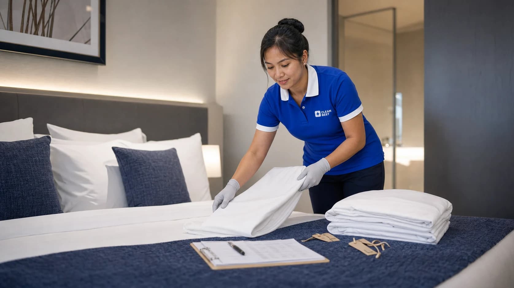 Clean Best cleaner wiping down a kitchen bench during a regular home clean in a Sydney house NSW