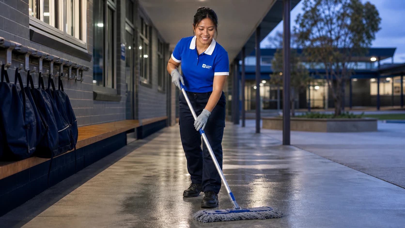 Clean Best cleaner mopping a classroom floor after hours at a Sydney school NSW
