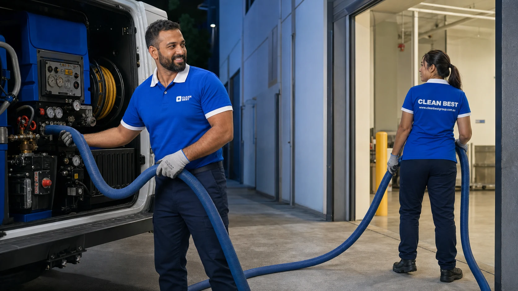 Clean Best technician running a hot-water extraction wand across office carpet in Sydney NSW