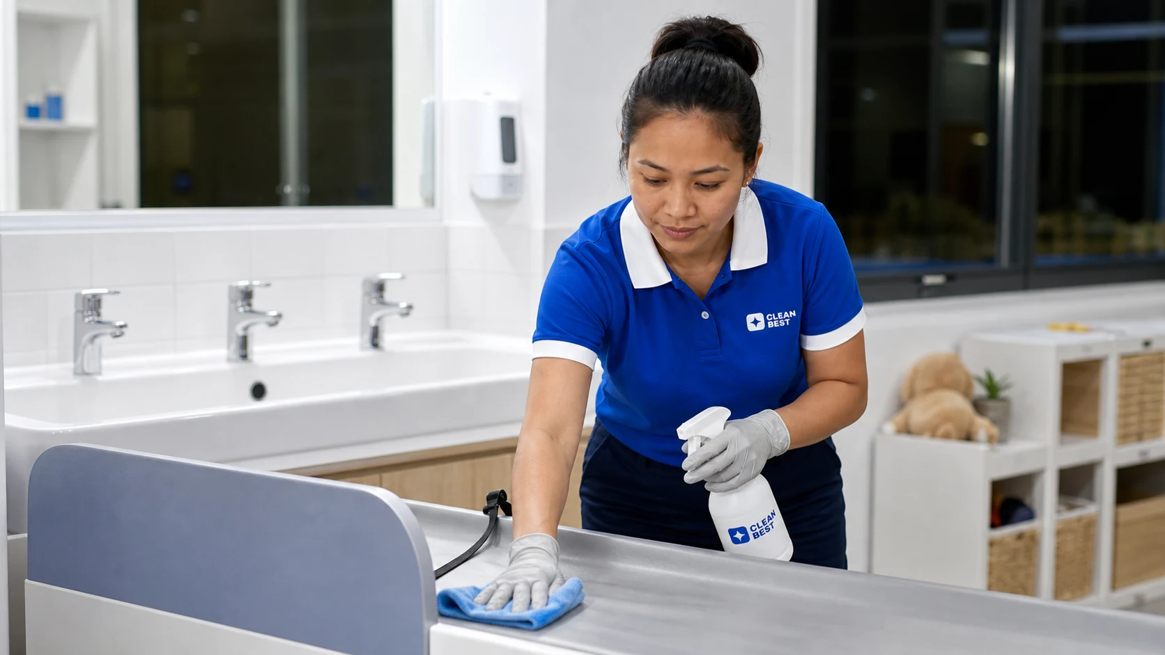 Clean Best cleaner sanitising a play area in a Sydney childcare centre NSW