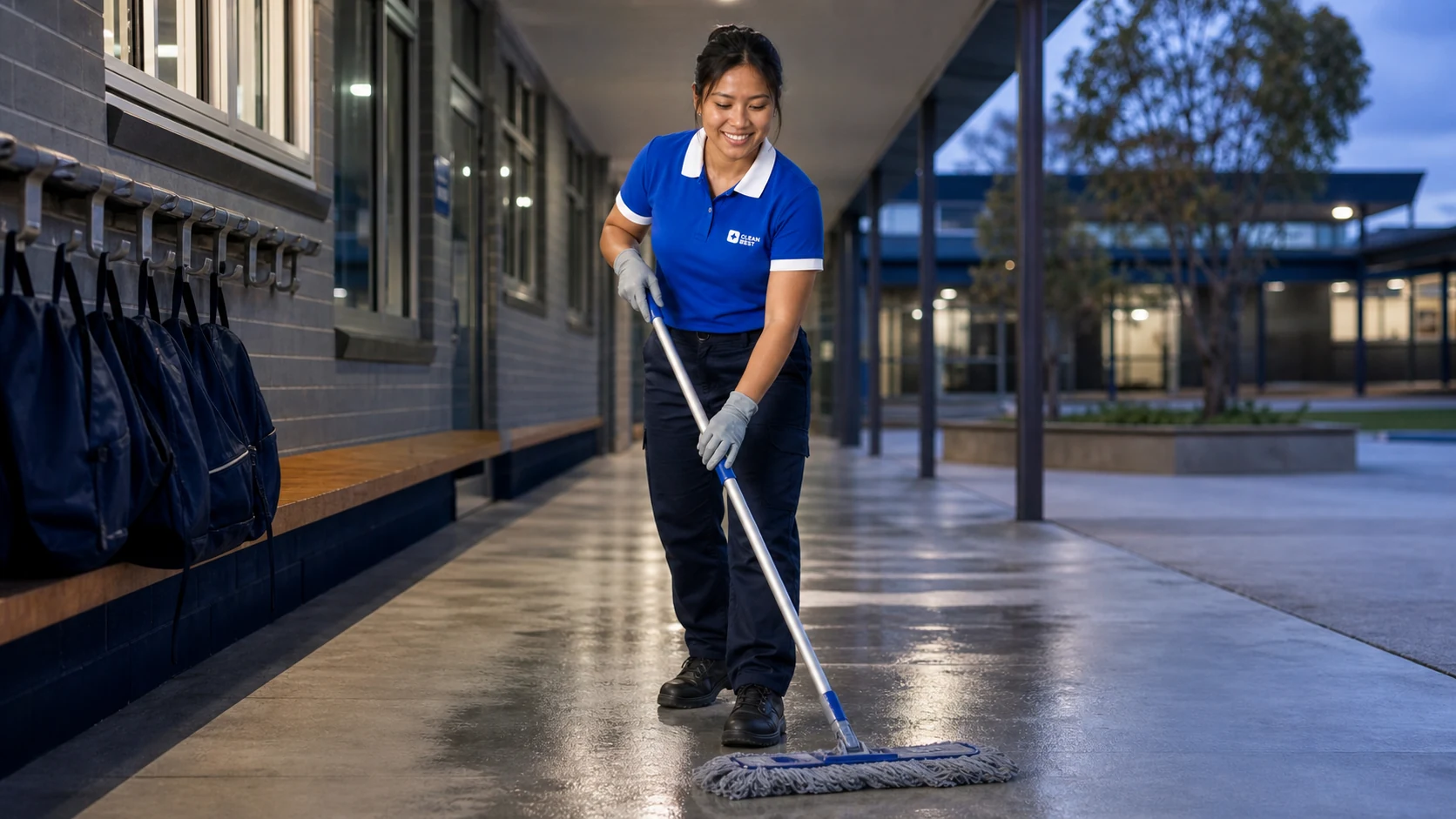 Clean Best cleaner mopping a classroom floor after hours at a Sydney school NSW