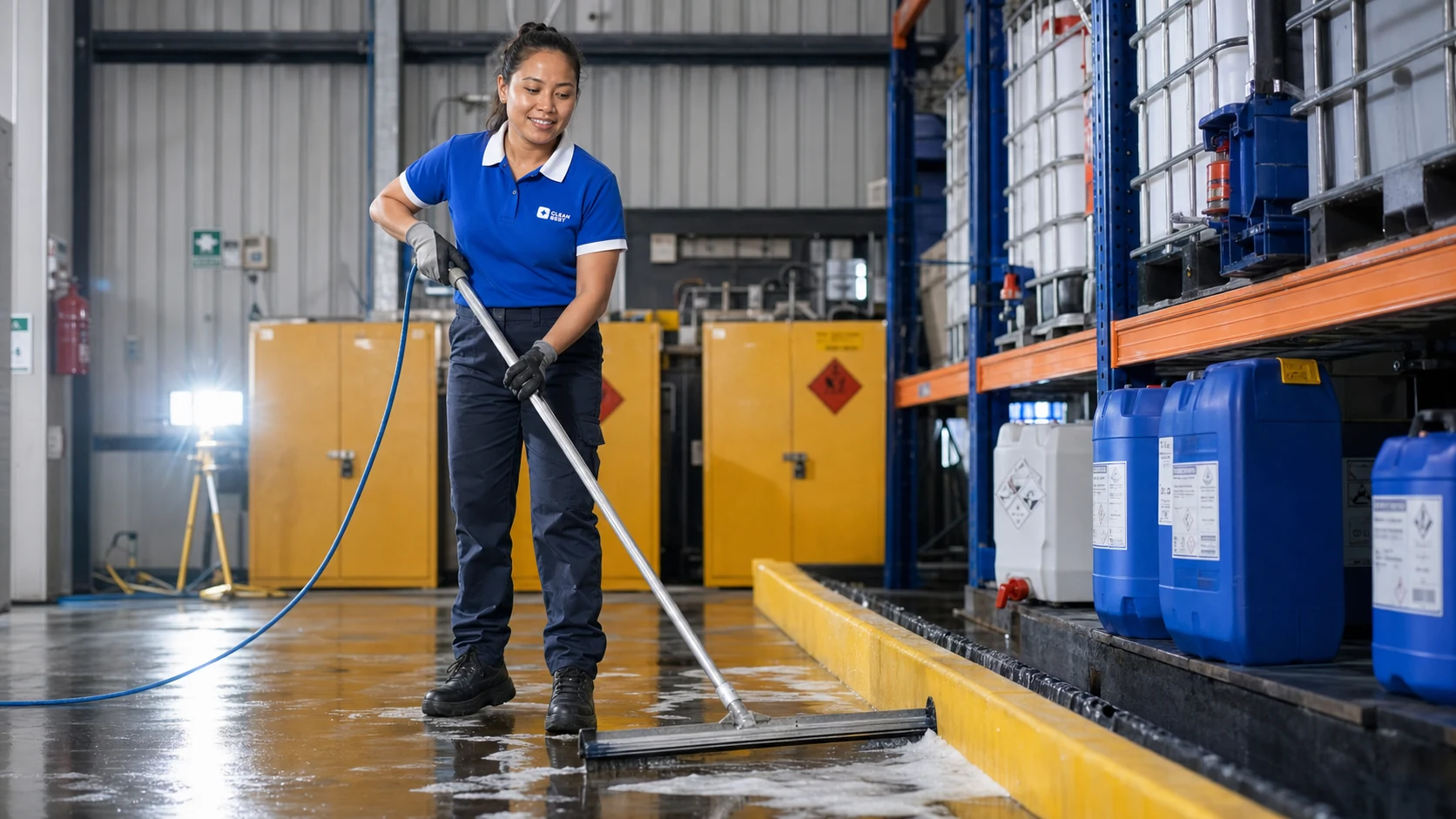 Clean Best operator scrubbing the aisle floor of a Sydney distribution warehouse NSW